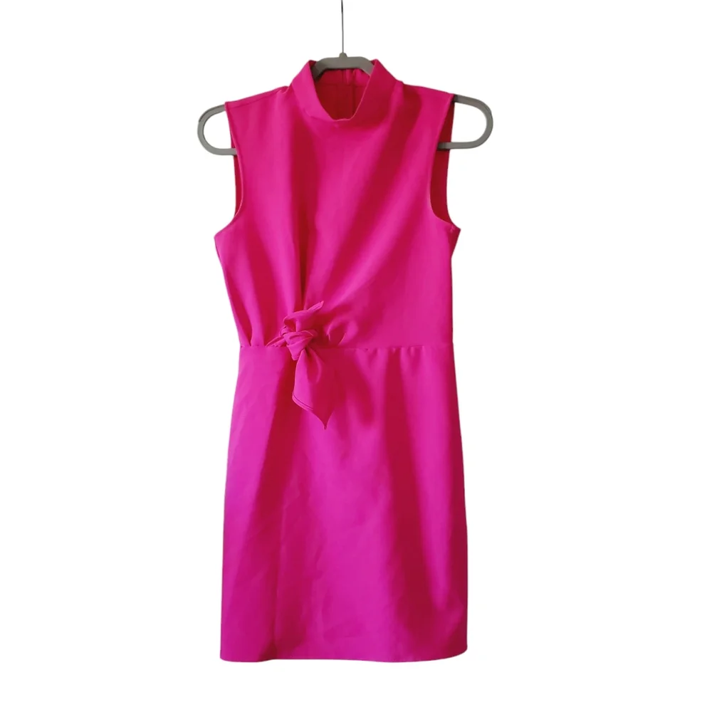 Mango Barbie Pink Mockneck Retro Ruched Tie Front Dress S - Picture 2 of 7